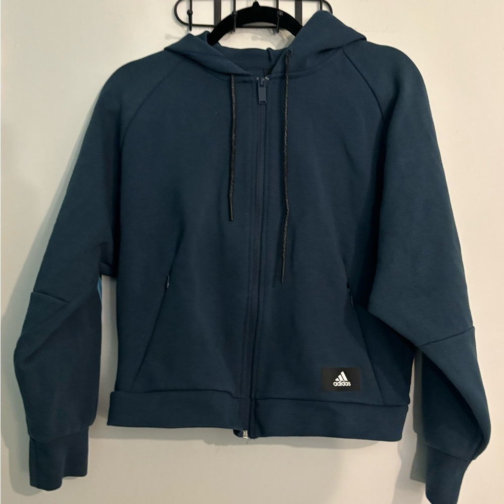 Adidas Womens‎ Small Full Zip Cropped Hoody Sample Zipped Pockets Blue 3 Stripes